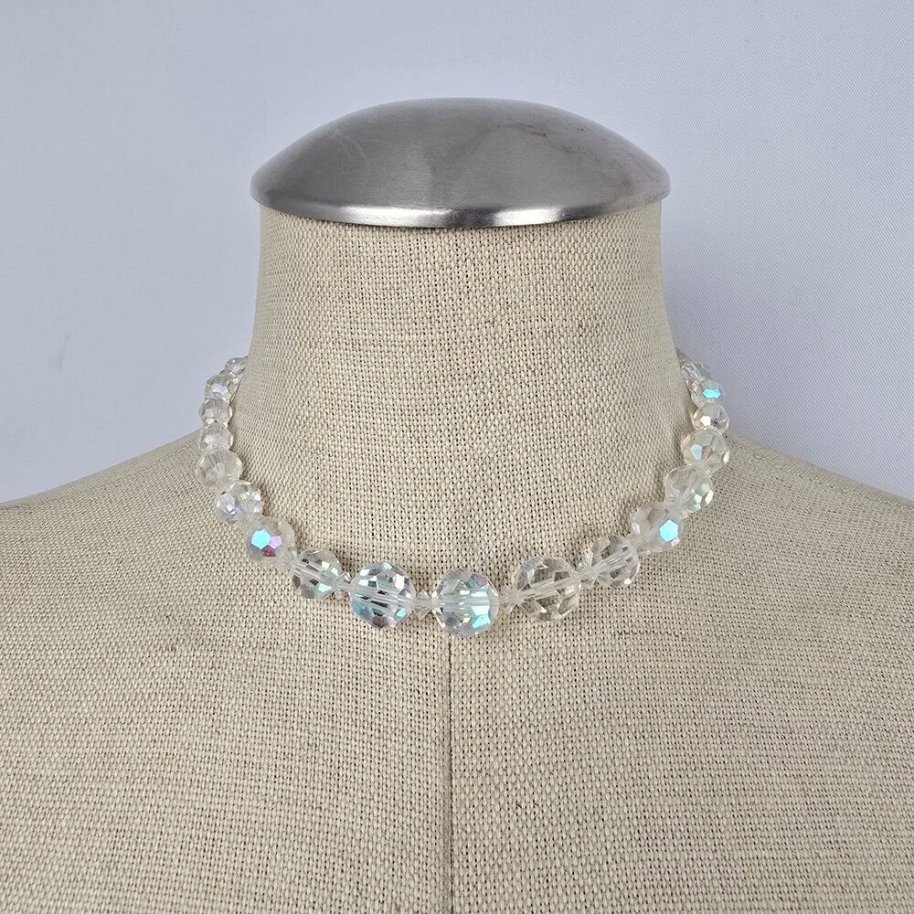 Vintage Continental Faceted AB Crystal Beaded Necklace Graduated Bridal